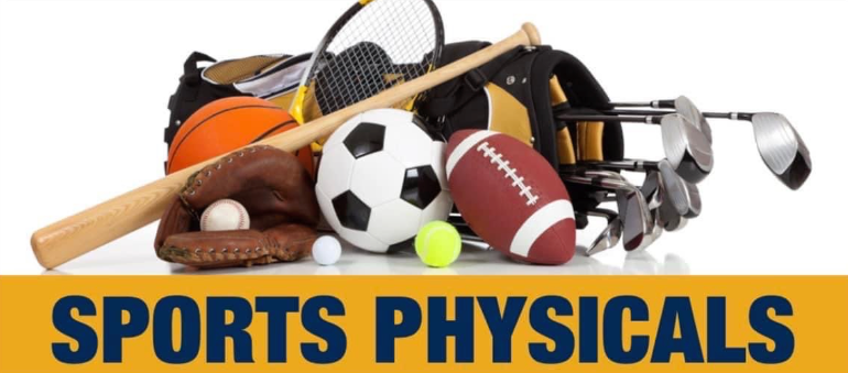 Title of 'Sports Physicals' with a pile of various sports related equipment
