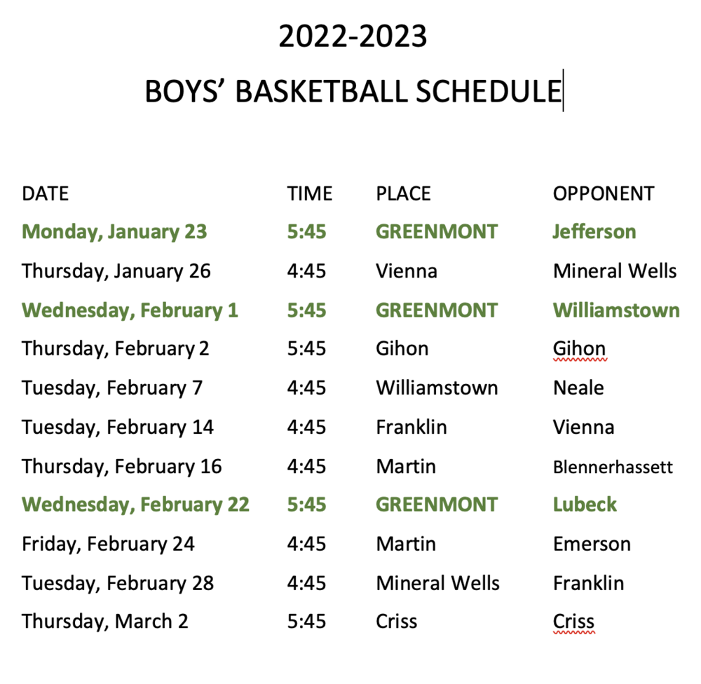 Boys basketball schedule Greenmont Elementary