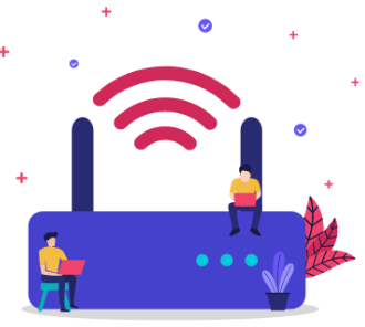 wi-fi symbol with seated people using laptops -- people are hand drawn