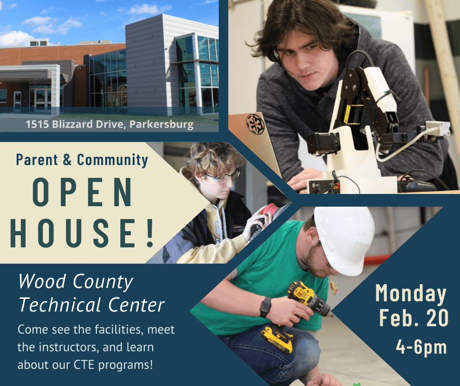 Wood County Schools - Wood County Technical Center Open House - image is a montage of students working in a trade in simulated classroom settings
