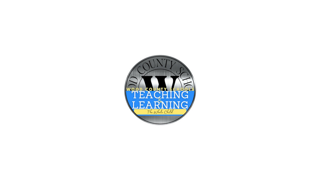 Wood County Schools logo with overlay of logo for summer 2023 Teaching & Learning Academy - metallic silver background with blue and yellow