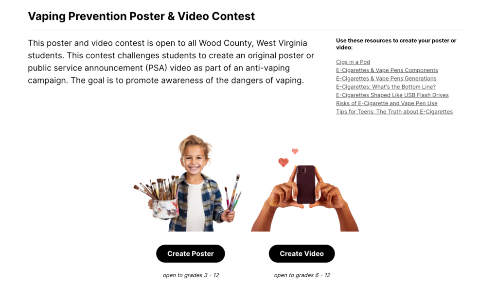 snapshot of vaping prevention contest webpage - student holding paint brushes - body-less hands holding up a cell phone as if recording something - text explaining the contest